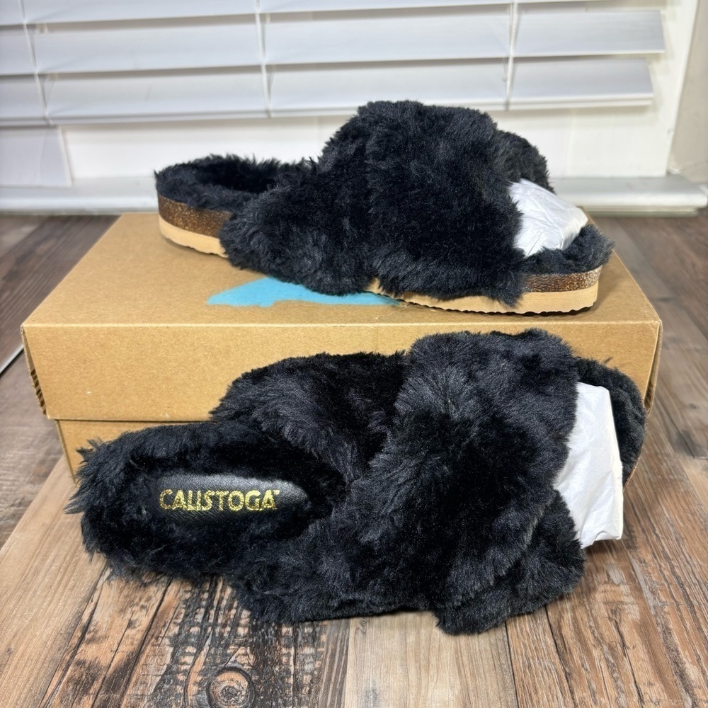 Calistoga Slippers Womens 8 House Shoes Slip On Cross Band Slide Black Faux Fur